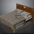 Classic Wooden Bed Frame With Carved Headboard And Striped Blanket With Pillows