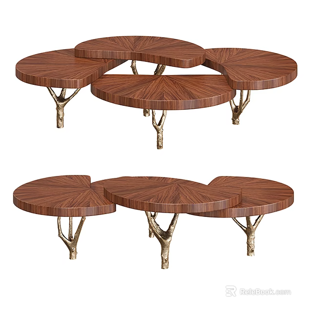 Wooden Coffee Table Design With Segmented Top And Branch Like Golden Legs 3d model 