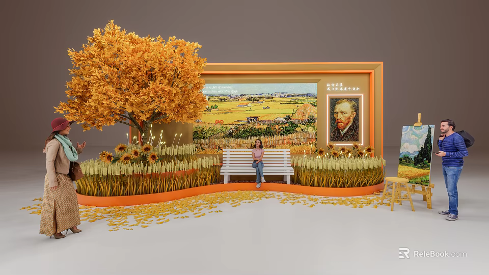Van Gogh Themed Photo Spot with Golden Tree Sunflowers Wheat Field and Bench 3d model 
