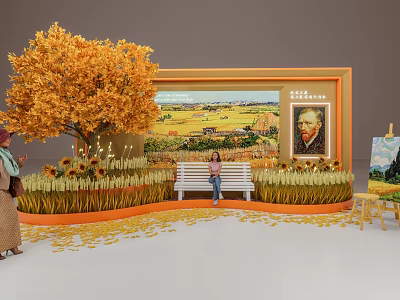 Van Gogh Themed Photo Spot with Golden Tree Sunflowers Wheat Field and Bench 3d model
