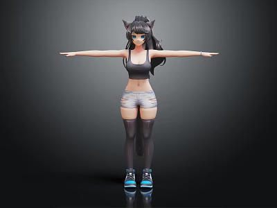 3D Cat Eared Girl Model With Arms Outstretched Black Crop Top Gray Shorts And Sneakers 3d model