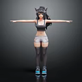 3D Cat Eared Girl Model With Arms Outstretched Black Crop Top Gray Shorts And Sneakers