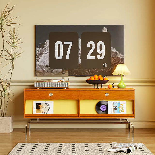 Modern Wooden TV Stand With TV Displaying Date Mountain Scene Green Lamp Oranges And Books 3d model 