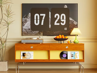 Modern Wooden TV Stand With TV Displaying Date Mountain Scene Green Lamp Oranges And Books 3d model
