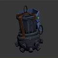 3D Model of Blue and Black Weapon with Orange Metal Parts and Green Glowing Light