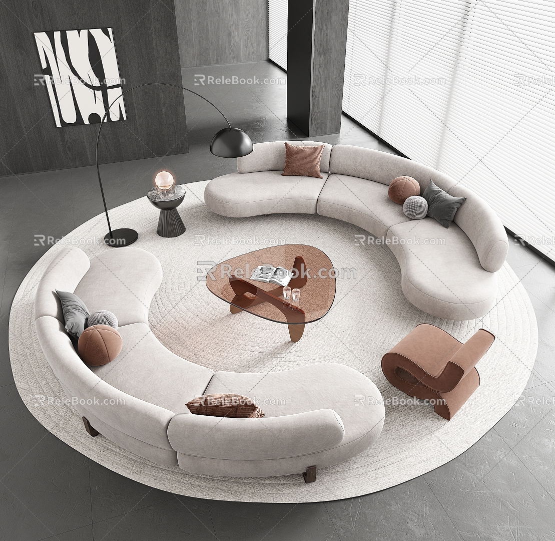 Curved Sofa Coffee Table Combination Special-shaped Sofa Multi-person Sofa Sofa Casual Sofa Glass Coffee Table 3d model