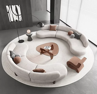 Modern Curved Light Gray Sofa With Round Coffee Table And Decorative Pillows On Area Rug 3d model