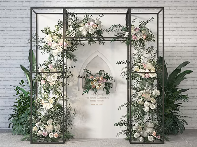 Decorative Floral Installation With Metal Arch Frame White Pink Blooms And Greenery 3d model