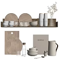 Wooden And Metal Kitchenware With Plates Cups Bowls Cutting Boards Spice Grinders On Display Shelf