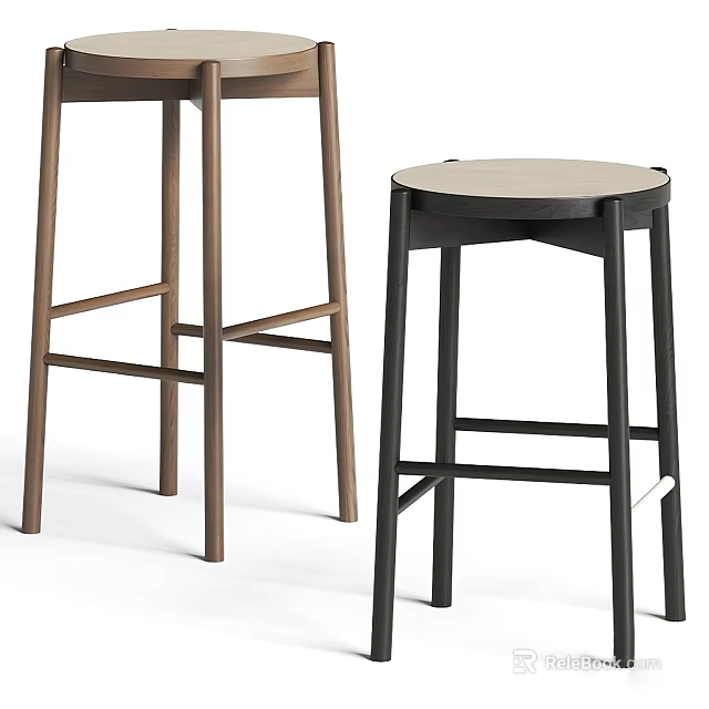 Modern Minimalist Bar Stools With Wooden And Black Metal Frames Round Seats 3d model 