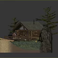 Scenic Log Cabin Model With Wooden Deck Pine Trees And Boat On Water