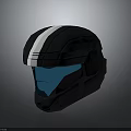 Modern Tactical Black Helmet With White Stripe And Blue Visor Design