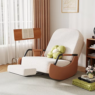 French Lazy Sofa Rocking Chair Background Wall Bookcase Side Cabinet Cushion Pillow Cushion Carpet Books Green Plant Curtain Gauze Curtain Music Rack Ornaments Leisure Table Vase Nordic Wood Floor 3d model