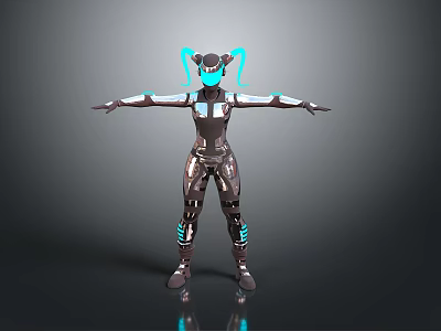Robot Character Wearing Mechanical Armor With Blue Neon Lights And Twin Ponytails Standing Pose 3d model