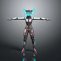 Robot Character Wearing Mechanical Armor With Blue Neon Lights And Twin Ponytails Standing Pose