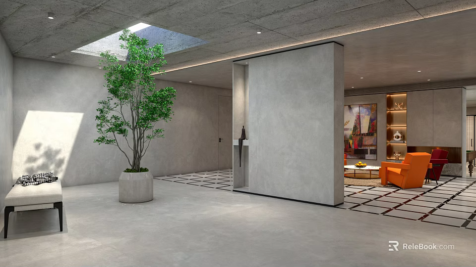Modern Basement Interior With Skylight Green Plant Gray Walls And Orange Sofa 3d model 