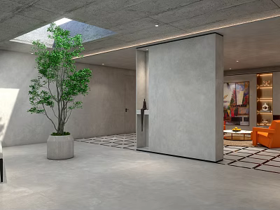 Modern Basement Interior With Skylight Green Plant Gray Walls And Orange Sofa 3d model
