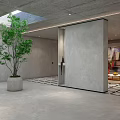 Modern Basement Interior With Skylight Green Plant Gray Walls And Orange Sofa