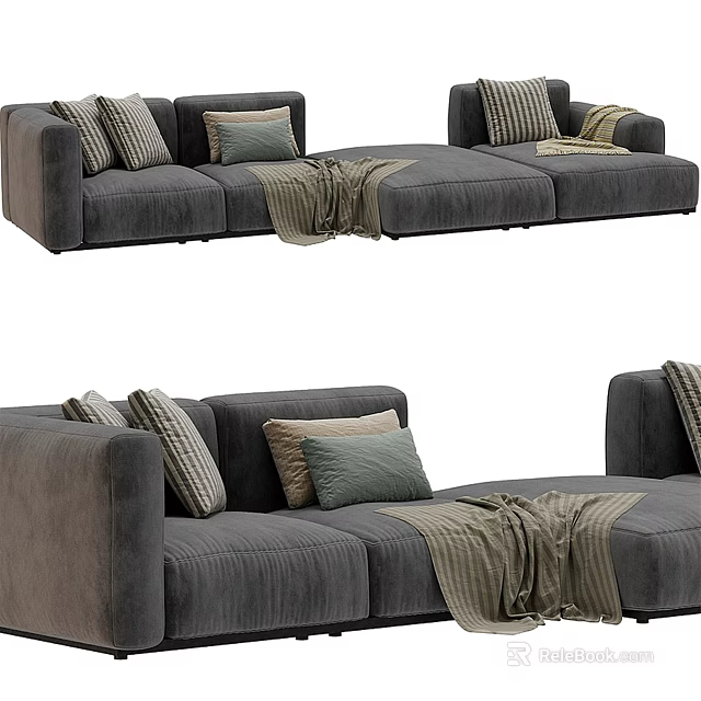 Modern Gray Sectional Sofa With Decorative Pillows And Soft Throw Blanket 3d model