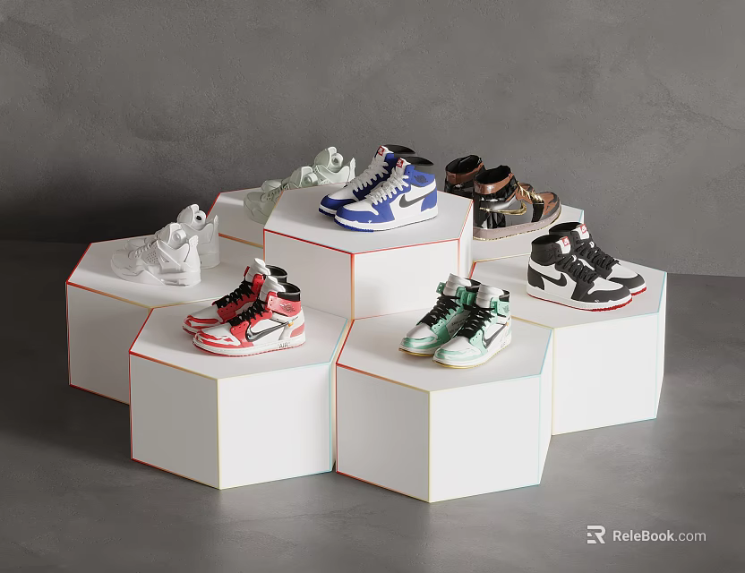 Modern White Hexagonal Display Shelves With Various Color Sneakers Arranged Neatly 3d model 