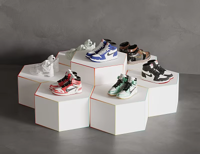 Modern White Hexagonal Display Shelves With Various Color Sneakers Arranged Neatly 3d model