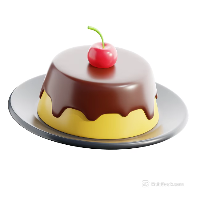 Delicious Yellow Cake with Smooth Chocolate Glaze Topped with Fresh Cherry on Black Plate 3d model 