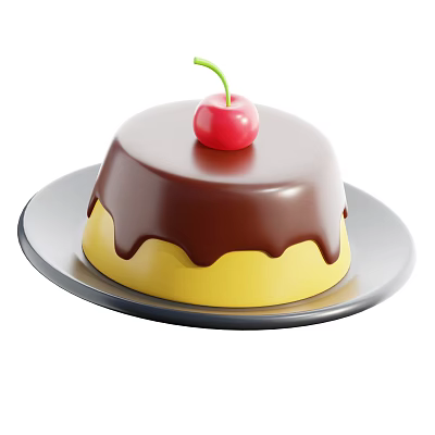 Delicious Yellow Cake with Smooth Chocolate Glaze Topped with Fresh Cherry on Black Plate 3d model