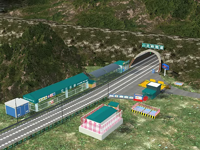 Modern Road Facilities With Tunnel Service Building Lanes And Signage In Mountainous Area 3d model