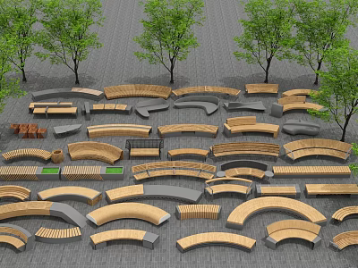 Outdoor Landscape Seats Featuring Various Curved Straight Designs Wooden Stone Materials And Trees 3d model
