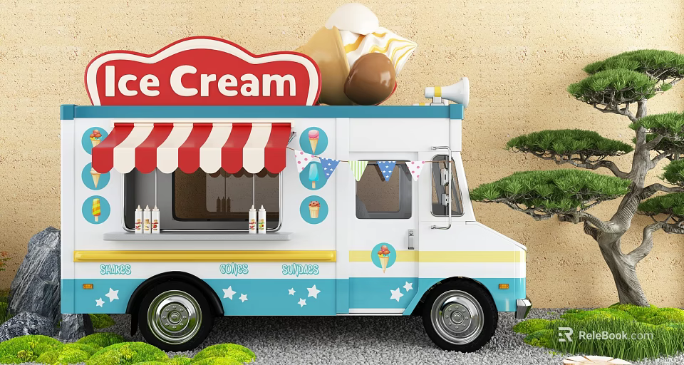 Mobile Commercial Ice Cream Truck With Red White Striped Awning And Star Patterns 3d model 