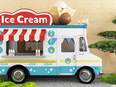 Mobile Commercial Ice Cream Truck With Red White Striped Awning And Star Patterns 3d model