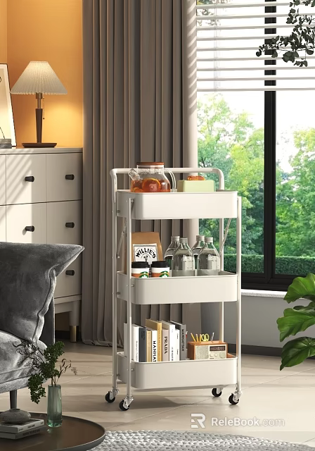 White 3 Tier Storage Rack With Tea Pot Jars And Books In Living Room 3d model 