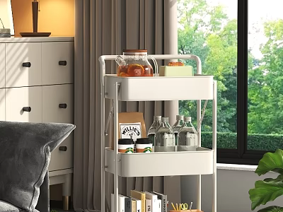 White 3 Tier Storage Rack With Tea Pot Jars And Books In Living Room 3d model