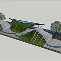 Modern Park Landscape With Green Roof Wavy Structures Trees And Walkways