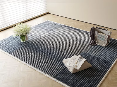 Blue Striped Square Rug with Fringe Edge Featuring White Flower Vase Woven Basket and Cloth Bag 3d model