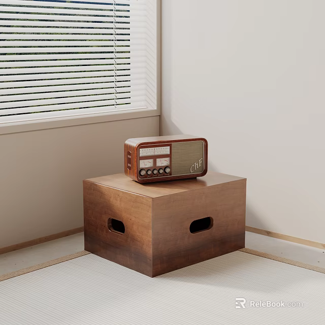 Wooden Brown Square Stool With Holes Holding Vintage Radio In Room Corner 3d model 