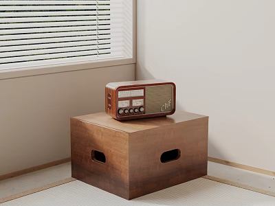 Wooden Brown Square Stool With Holes Holding Vintage Radio In Room Corner 3d model