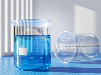 Transparent Medical Laboratory Glass Beakers With Blue Liquid And Graduated Scale 3d model