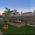 Evening Outdoor Garden Landscape With Wooden Deck Sofa Seating Trees Lighting And Grass Area
