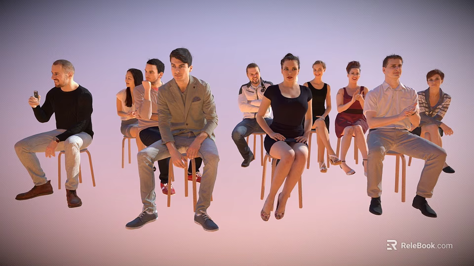 Group of people seated on wooden chairs against light background 3d model 