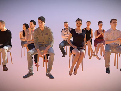Group of people seated on wooden chairs against light background 3d model