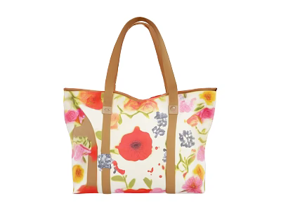 Stylish Tote Bag With White Base And Colorful Floral Pattern Brown Handles For Daily Use 3d model