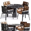 Modern Dining Table Set With Round Marble Top And Leather Chairs In Brown Black