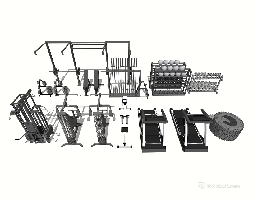 Complete Sports Equipment Collection With Treadmills Dumbbells Barbell Racks And Training Racks 3d model 