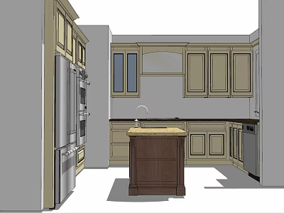 Traditional Kitchen Interior With Upper Lower Cabinets Central Island And Refrigerator 3d model