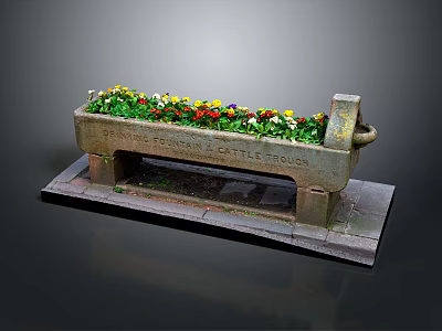Colorful Flowers Growing in Vintage Stone Planter with Carved Inscriptions on Stone Slab Base 3d model