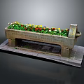 Colorful Flowers Growing in Vintage Stone Planter with Carved Inscriptions on Stone Slab Base