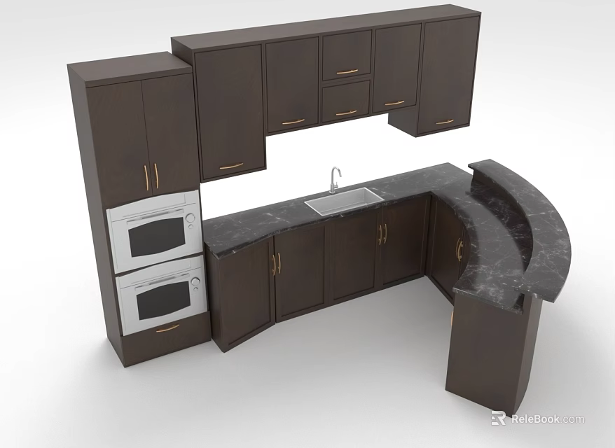 Dark Kitchen Cabinets With Wall Base Units Sink Countertop And Oven 3d model