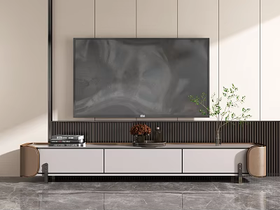 Modern TV Stand with Storage Cabinets and Decorative Plants in Living Room Interior 3d model