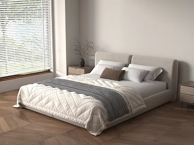 Upholstered Double Bed with Quilted Blanket Pillows Nightstand Vase and Blinds on Wooden Herringbone Floor 3d model